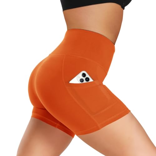 GAYHAY Biker Shorts Women with Pockets - 3"/5"/8" High Waisted Soft Tummy Control Workout Shorts for Yoga Athletic Gym Fluorescent Orange XX-Large 5 IN