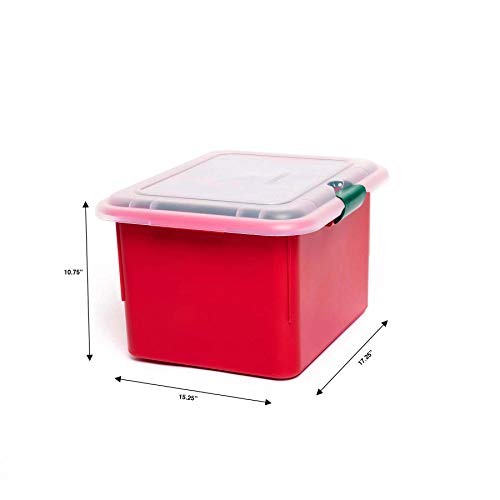 Image of HOMZ Holiday Light Organizer | Plastic Storage Container with Green Cord Wraps | Red Container with Clear Hinged Lid | Snap Lock Closure | Set of 2 with 8 Cord Wraps