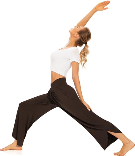 Image of TARSE Women's Wide Leg Yoga Pants Cross High Waist Flowy Split with Pockets | Comfy Lightweight Stretch, Flare Hem Cropped, Loose Dance Pants, Travel & Lounge, Everyday Casual Wear
