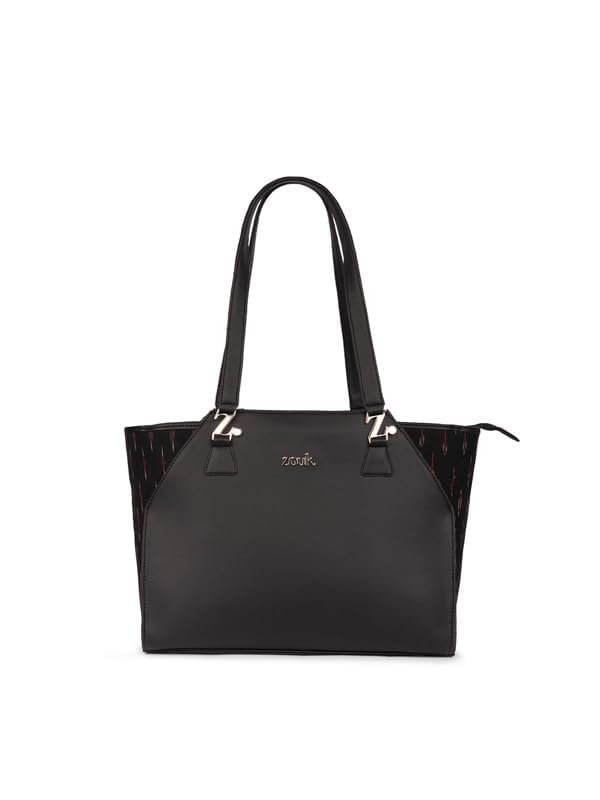 Image of ZOUK Printed Jute Handcrafted Vegan Leather Black Women's Check-point Friendly Classic Business Bag
