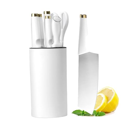 AVEKI Knife Block Set, 7 Pieces White Professional Sharp Chef Knife Set for Kitchen, Stainless Steel Cooking Knife Set with Block for Cutting Slicing Chopping Dicing (White)