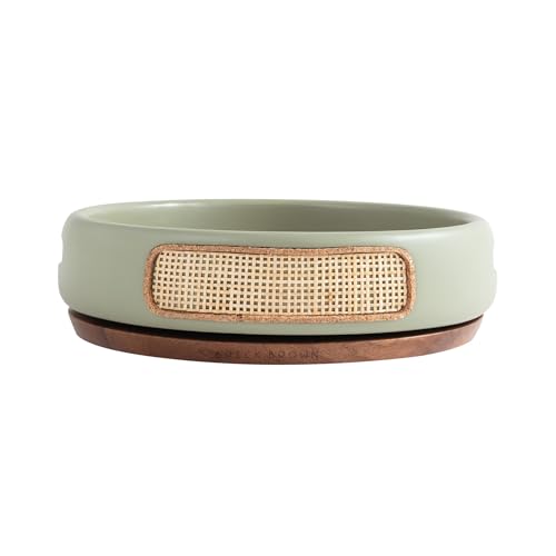 Image of Brick Brown Premium Jali 360 Rotating Wooden Serving Tray with Cane Weaving | Lazy Susan Turntable Tray for Dining Table, Kitchen, Coffee Table | Sage & Walnut Finish Decorative Organizer -12 Inch