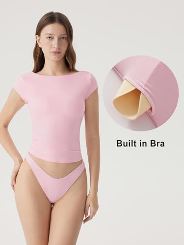 SUUKSESS Women Boat Neck Cowl Backless Top with Built in Bra Double Lined Cap Sleeve Tops Summer Going Out Shirts Padded Sexy Baby Pink — view 3