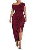 Floerns Women's Plus Size Asymmetrical Neck Long Dress Ruched Slit Hem Cocktail Dress Burgundy XX-Large Plus