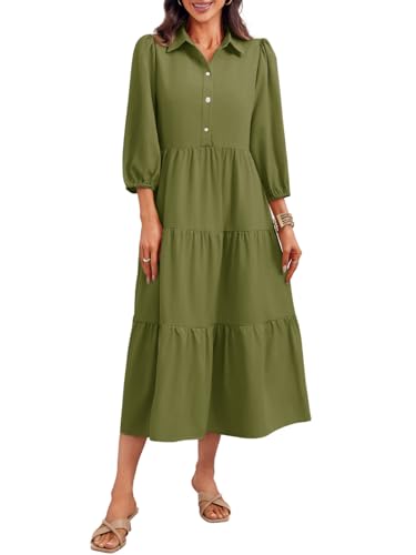 Image of Wenrine Womens Casual 3 /4 Sleeve Shirt Dress Button Down V Neck Tiered Collared Flowy Maxi Dress