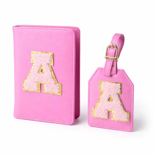 Image of Passport Cover & Bag Tag Combo | Personalized Initial Alphabet Custom A-Z Name Initial | Fits Standard Passports | Travel GiftIdeal Travel Gift for Women, Girls & Couples (Dark Pink)