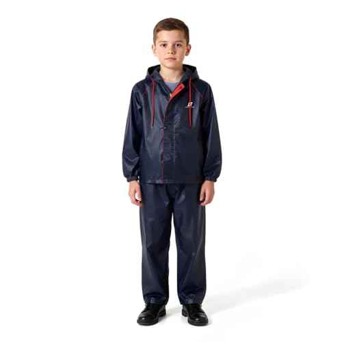 Image of Amazon Brand Symactive Reversible Double Layered Standard Length Hooded Raincoat with Pants for Kids (Unisex) | Waterproof | Elastic Cuffs | Age 08 10 Years | Blue | Polyester