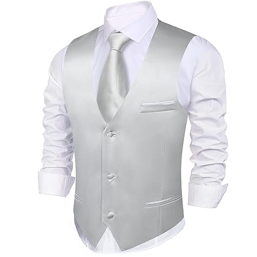 Image of Barry.Wang Vest for Men Business /Leisure Dress Suit Vests V-neck 2 Pockets Wedding Party Tuxedo Satin Waistcoat