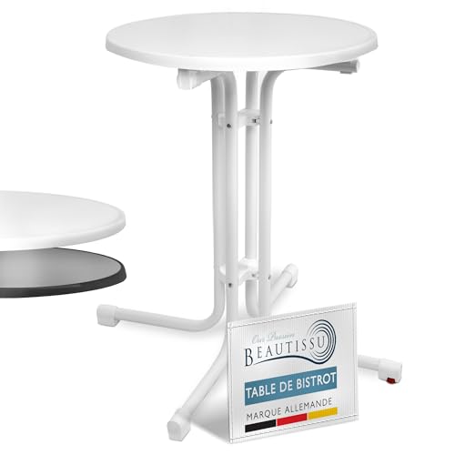 Beautissu Table Bistrot Extérieur Ronde Ø 60 cm – Table d'appoint Balcon Jardin Pliante Ronde, Hauteur 70 cm – Table de à Manger Camping fête – Blanc...