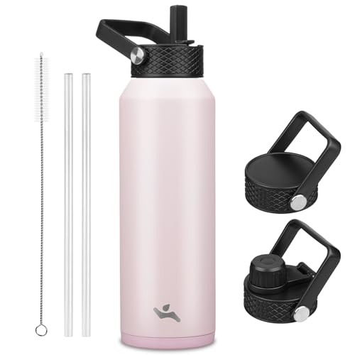 Image of Konokyo 40oz Insulated Stainless Steel Water Bottle with 3 Lids, Leakproof BPA-Free Bottle with Straw Lid, Sip Lid and Flex Cap for Gym, Travel, School, Office, Pink