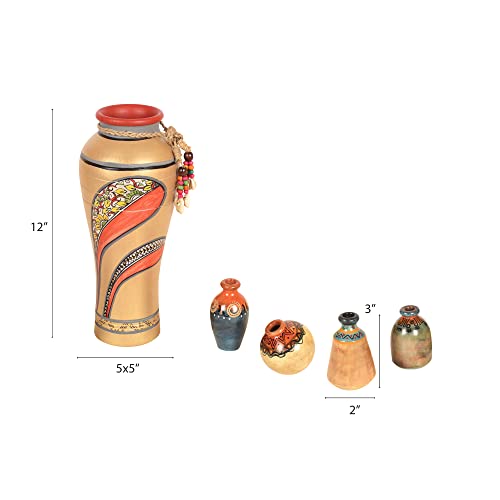 Image of Aakriti Art Creations Handcrafted Terracotta Decor Vase Set of 5 | Multicolor Floral Art Vases with Jute Detailing | Matte Finish Decorative Vases for Living Room, Table & Floor Decor