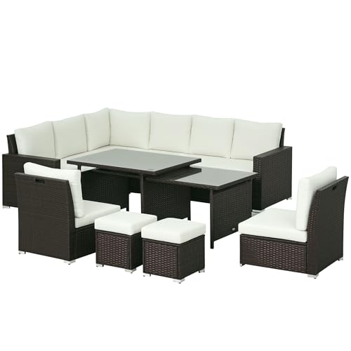 Outsunny 10-Seater Sofa Sectional w/ Cushioned Seat, Footstools and Glass Table