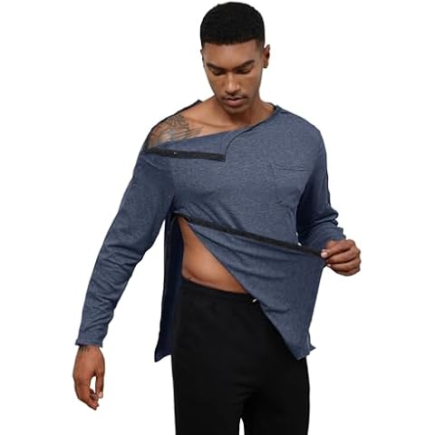 Poriff Unisex Clothes After Rotator Cuff Surgery & Recovery Shirt Long Sleeve Snap Full Tear Away Chemo Shirt for Mens Navy Blue XXL Cover