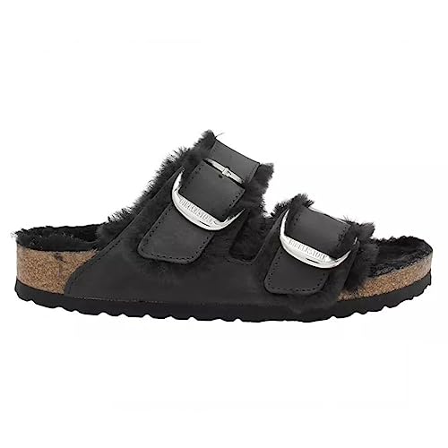 Birkenstock Unisex Arizona Big Buckle Shearling Oiled Leather Black Sandals 10 W / 8 M US