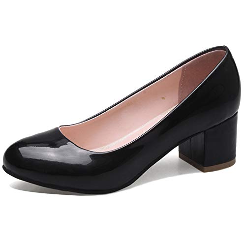 Bviennic Femmes Closed Toe Cuir Verni A Enfiler Block Talons Moyen Escarpins Bureau Travail Confort Fête Bout Rond Mode Robe Chaussures Mariage Noir Taille 48 Eu-50Cn