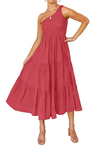 Image of ZESICA Women's 2026 Bohemian Summer Floral Print One Shoulder Sleeveless Smocked Ruffle Tiered Beach Long Midi Dress