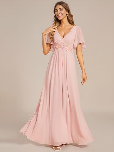 Image of Ever-Pretty Women's Spring Short Sleeve Bridesmaid Dresses V-Neck Chiffon Ruched Empire Waist Appliques Long Formal Dress