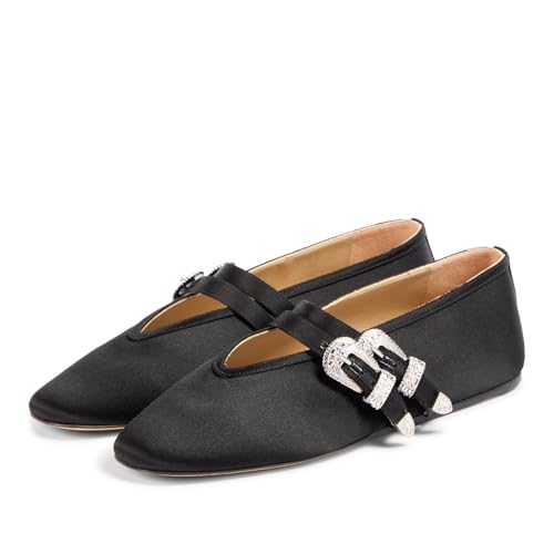 Women's Round Closed Toe Ballerina Flats Double Strap with Buckle Comfortable Mary Jane Flat Shoes Work Date Dressy Ballet Flats for Women