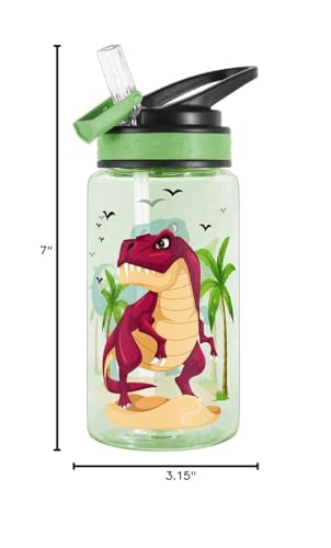 Home Tune 15oz Water Bottle for Kids Girls Boys School, BPA Free, Leak Proof Flip Straw, Carry Loop, Easy Clean - Dinosaur