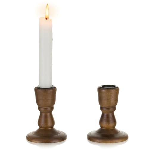 Inweder Wooden Taper Candle Holders: Wood Candlestick Holders Rustic Brown Farmhouse Fall Decor for...