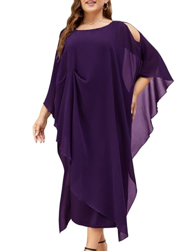 Image of ZOMVA Plus Size Elegant Formal Dress Long Cape Overlay Wedding Guest Formal Cocktail Mother of Bride Outfit, Dark Purple, 2X