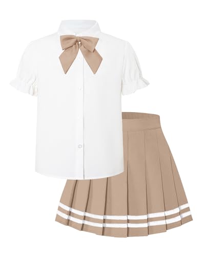 Image of Betusline Girls Skirt Set JK School Uniform 2-Piece Outfit - Short Sleeve Shirt with Bow & Pleated Skirt 4T-14Y