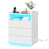 AOGLLATI Nachttisch mit Steckdosenleiste Nachtschrank mit Geräumiger Tischplatte,3 Schubladen und 1 Fach,Beistelltisch mit LED-Beleuchtung,Modern Sofatisch Couchtisch für Wohn- Schlafzimmer (1, Weiß)