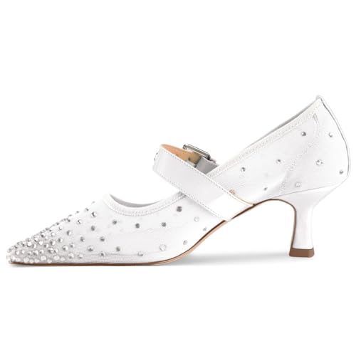 Image of Women's Mesh Closed Pointed Toe Heels Rhinestone Ankle Strap Buckle Kitten Heeled Mary Jane Pumps Dressy Prom Wedding Sandals Shoes 2 inch