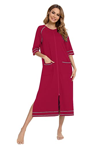 Image of Veseacky Women Robe Zipper Front House Coat 3 /4 Sleeve Nightgown Full Length Ladies Lounge Dress with Pockets S-XXL