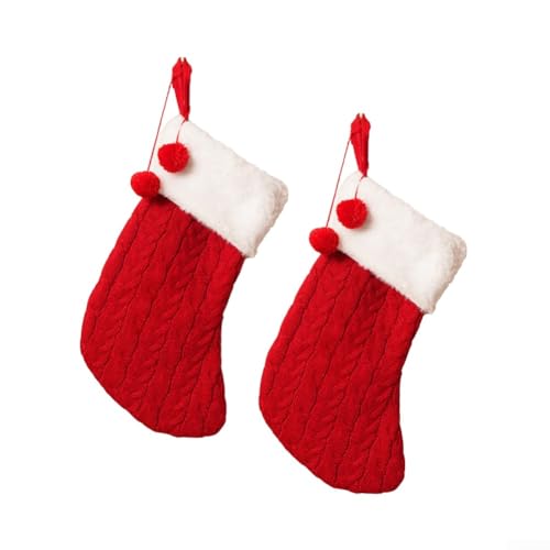 2 Stück gestrickte Weihnachtsstrümpfe zum Aufhängen am Kamin, Wollmaterial bietet Wärme, perfekt für festliche Jahreszeit Dekoration und Winteratmosphäre (rot)