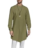 Gafeng Mens Kaftan Thobe Long Sleeve Robe Gown Casual Cotton Linen Button Muslim Shirt Army Green