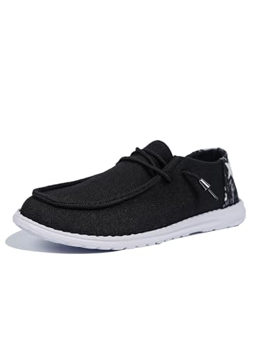 Shesnugin|Women's Black Fabric Slip On Casual Loafers Comfortable Lightweight Breathable Canvas Lace-Up Walking Flat Boat Shoes Ultralight Sole Wide Deck Shoes for Work and Traveling