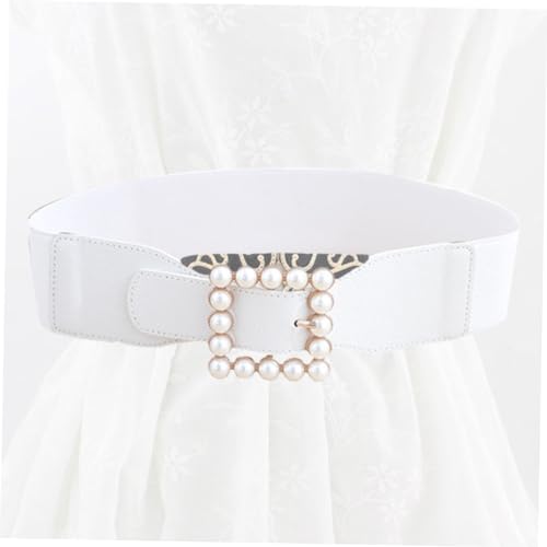 Ladies Elastic Pearl Waist Belt with Square Buckle Simple Cummerbund Skirt Ornament for Dresses and Outfits White4