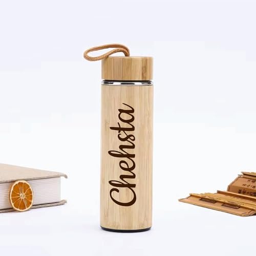 Image of Double Wall Customize Eco Friendly Bamboo Water Bottle Vacuum Insulated Personalized Your Name Logo Brand Flask Steel with Handle for Hot & Cold Drink 500ml