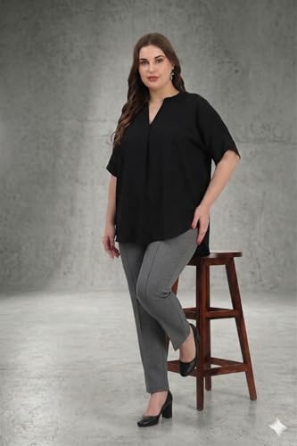Image of SINDOORI Relaxed Fit Tops for Women Plus Size Solid Printed Mandarin Collar, Band Collar, V-Neck Top, Half Sleeve Loose Fit