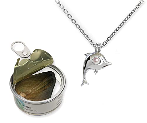 Pearlina Dolphins Necklace Cultured Pearl in Oyster Set Silver tone Plated Cage W/Stainless Steel Chain 18