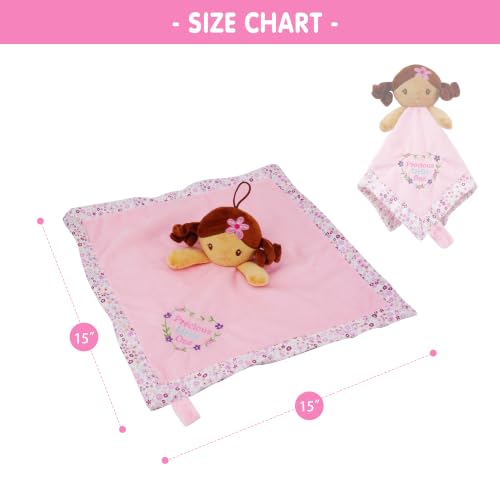 Image of June Garden Personalized Baby Girl Lovey Blanket Zuri - 15 inch x 15 inch Plush Comforter with Rattle Doll Head, Custom Name Embroidery Security Blanket with Toy Attachment Strap