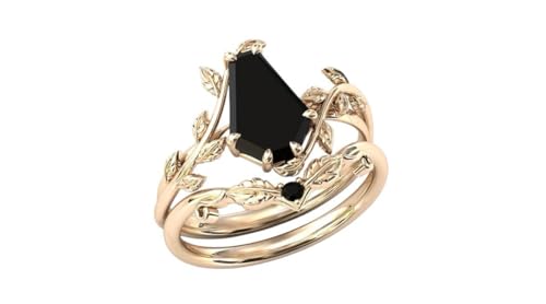 Coffin Shape Black Onyx Natural Gemstone Ring, Unique 2pcs Bridal 925 Sterling Silver Ring For Her4