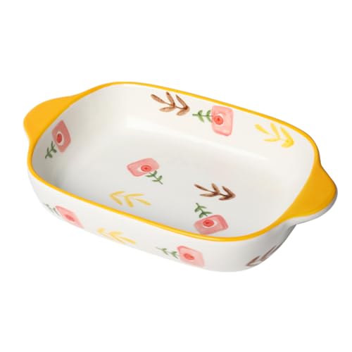 Dxcaicc Plat À Lasagnes en Porcelaine Épaisseur 0,4cm Paroi Intérieure Épaissie Émaillé De Couleur Fleur Colorée Lisse Plaque De Cuisson À Double Poignée,Jaune