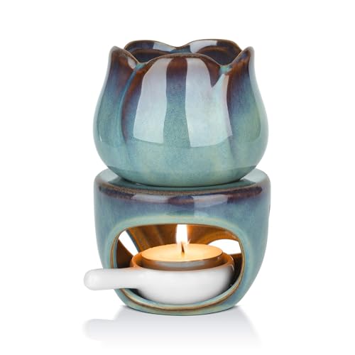 Ceramic Essential Oil Burner Wax Melt Burner with Candle Spoon, Removable Aromatherapy Burner Blue Ceramic Aroma Oil Candle Diffuser Wax Tart Warmer for Home Bedroom Decor