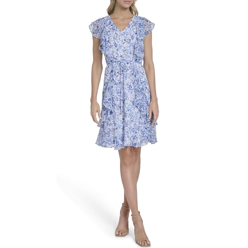 Image of Tommy Hilfiger Women's Sleeveless V-Neck Ruffle Trim Tie Waist Chiffon Mini Dress