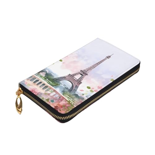 paris eiffel tower with flowers Wallet for Men Women Long Purse Leather Clutch Large Business Handbag Travel Phone Holder Credit Card Holder Money Case with Zipper Leather Wallets Gift3