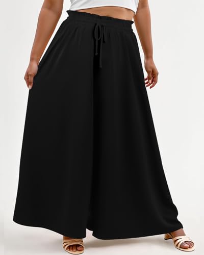Lastshe Women's Plus Size Pants Wide Leg High Waist Flowy Casual Palazzo 2025 Summer Lounge Boho Beach Trousers Pockets4