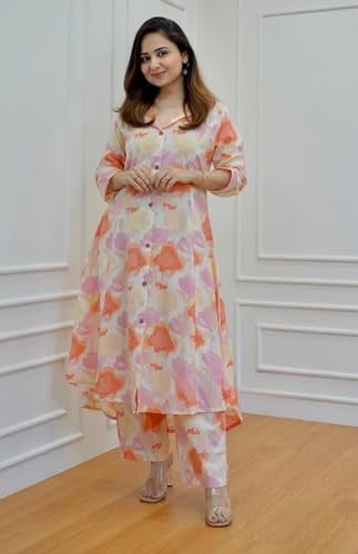 Greciilooks Rayon Standard Length Formal Travel Floral Printed Ethnic Co-Ord Kurta Set For Women (Available In 2Xl And 3Xl) (Gl-W1821_Orange_S)