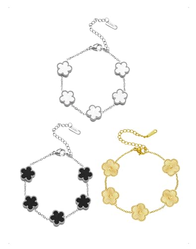 Informazioni sul prodotto: comprende un set di tre braccialetti con fiori a forma di trifoglio a cinque foglie in nero, bianco e oro. Lunghezza della catena + catena di estensione (17 + 5 cm). Lunghezza del ciondolo con fiori a cinque petali (1,3 cm). Nota: possono esserci lievi variazioni nelle misure. Per la manutenzione, evitare prodotti chimici e pulire con un panno morbido.