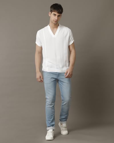 Image of Identiti MenSlim Fit Half Sleeve Solid Smart V Placket Casual Shirts