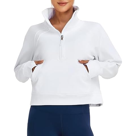 Oalka Sweatshirts Half Zip Long Sleeve Cropped Pullover Lined Full Zip Hoodies Thumb Hole Jackets 1/2 Zip White L Cover