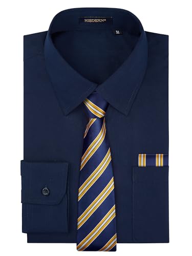 Image of HISDERN Mens Dress Shirt with Tie Pocket Square Set Classic Button Down Shirt Matching Tie Long Sleeve Shirts