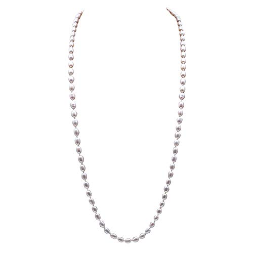 JYX Long Strand Pearl necklace 7-8mm Oval Natural White Freshwater Pearl Necklace Long Sweater Necklace 32