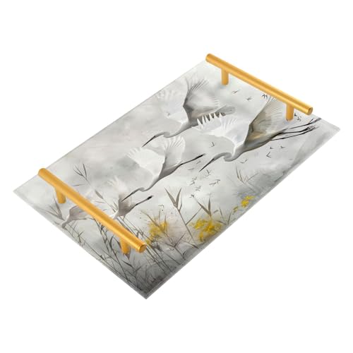 GUIJI Cranes Acrylic Tray, Perfume Cosmetic Jewelry Decorative Trays Bathtub Organizer, Living Room Kitchen Serving Tray with Gold Handles
